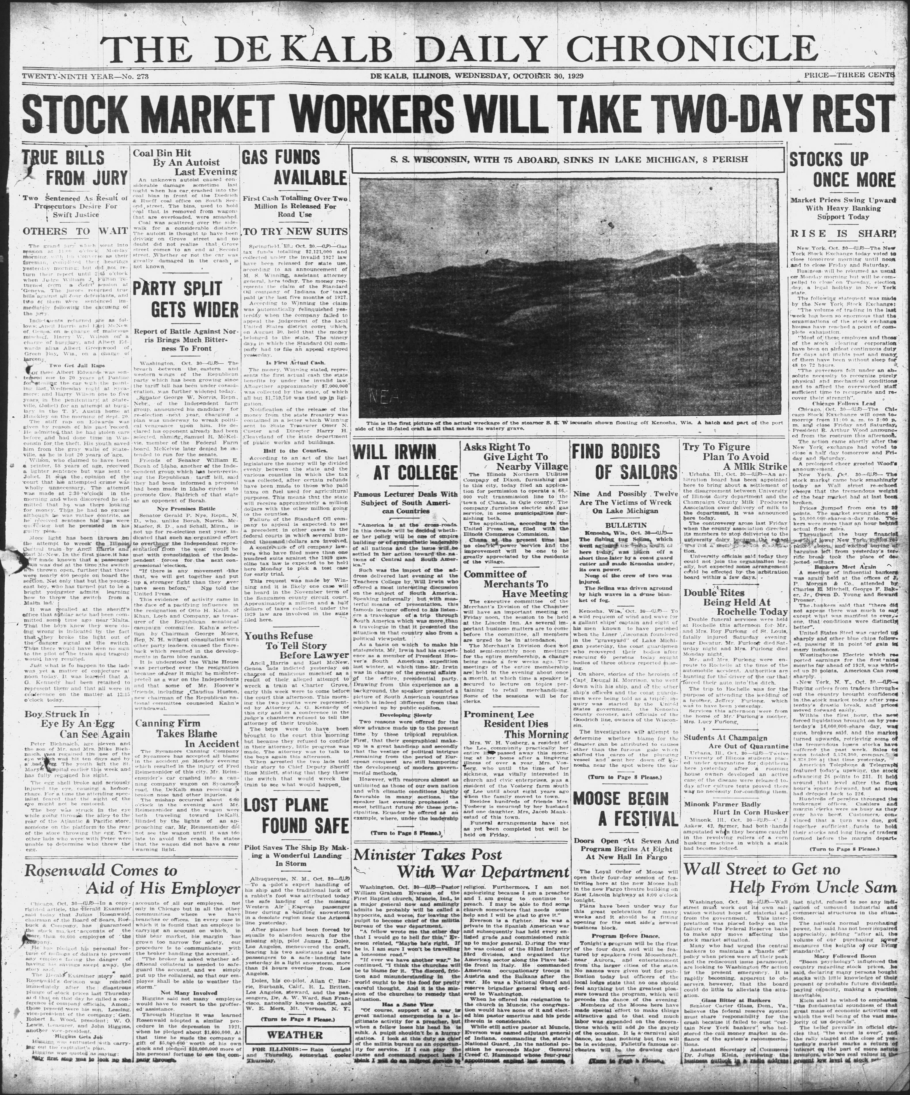 Historical covers for Oct. 30: Stock Market workers will take two-day rest — Glen Ellyn Schools news