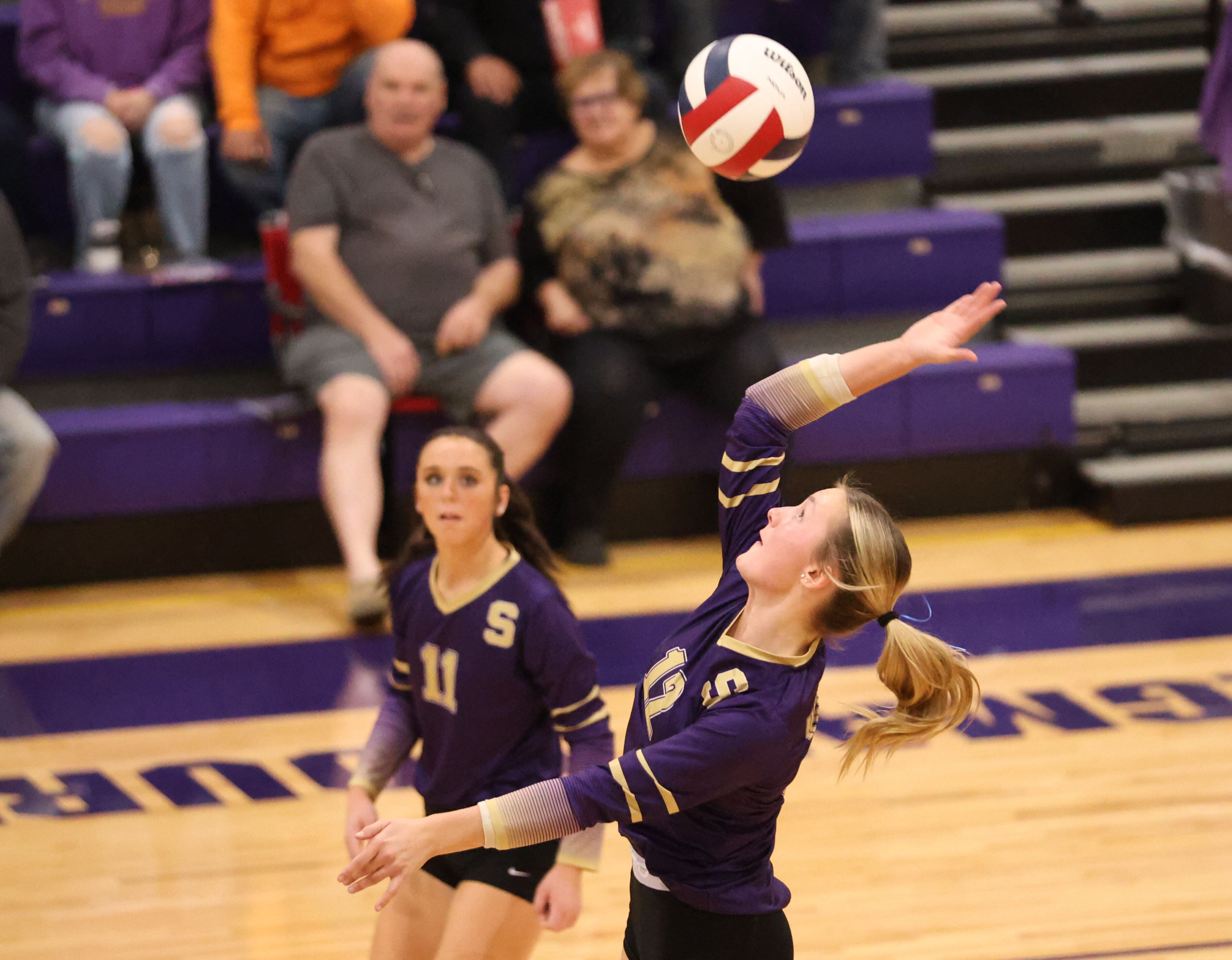 Serena High School volleyball player Anna Hjerpe celebrates her 1,000th career kill on Al Stegman Court.